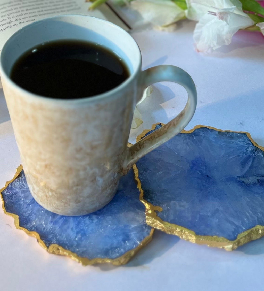Crystal Agate Coaster Gold Plated Set of 2- Blue