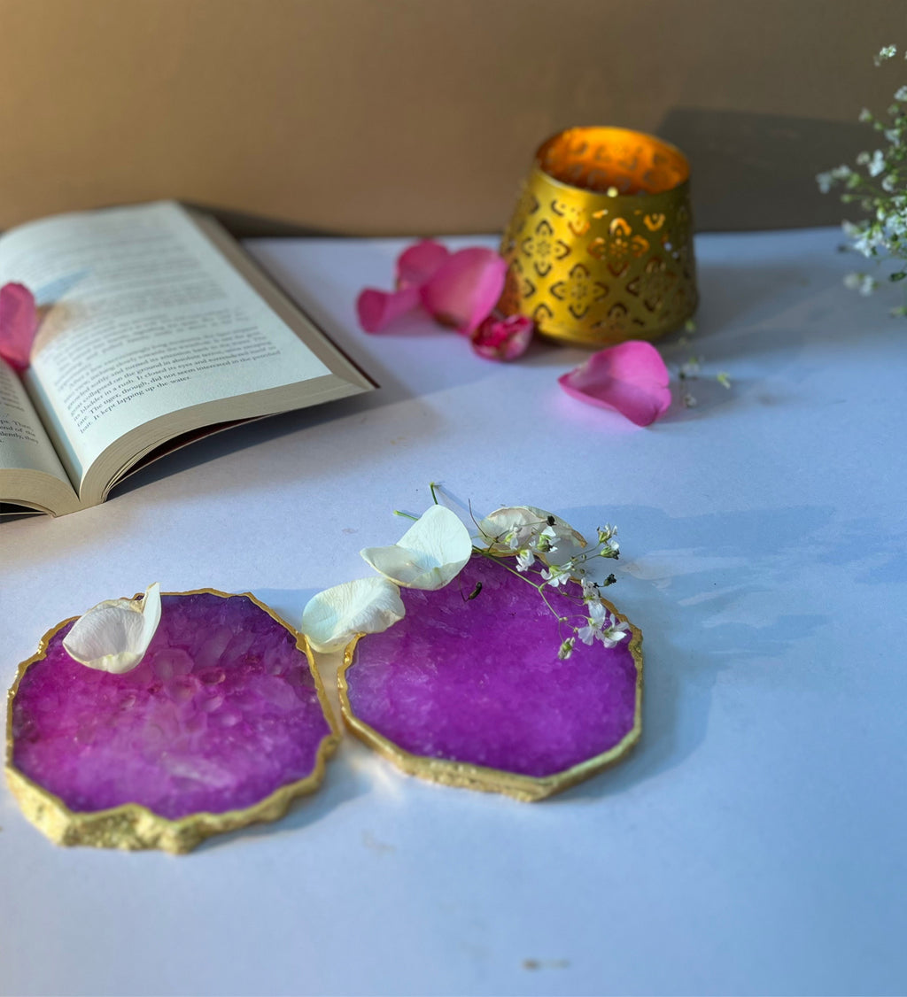 Crystal Agate Coaster Gold Plated Set of 2- Pink