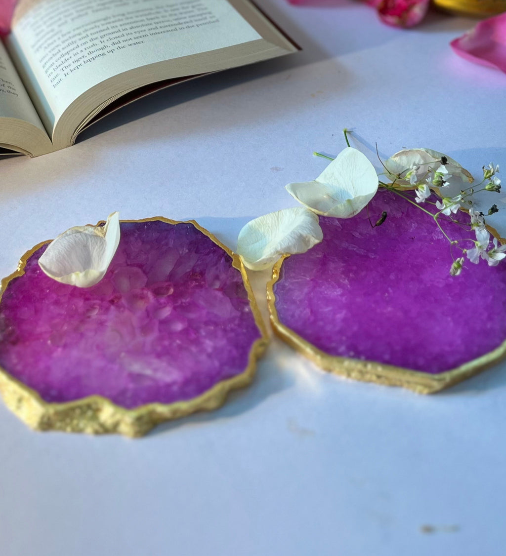 Crystal Agate Coaster Gold Plated Set of 2- Pink