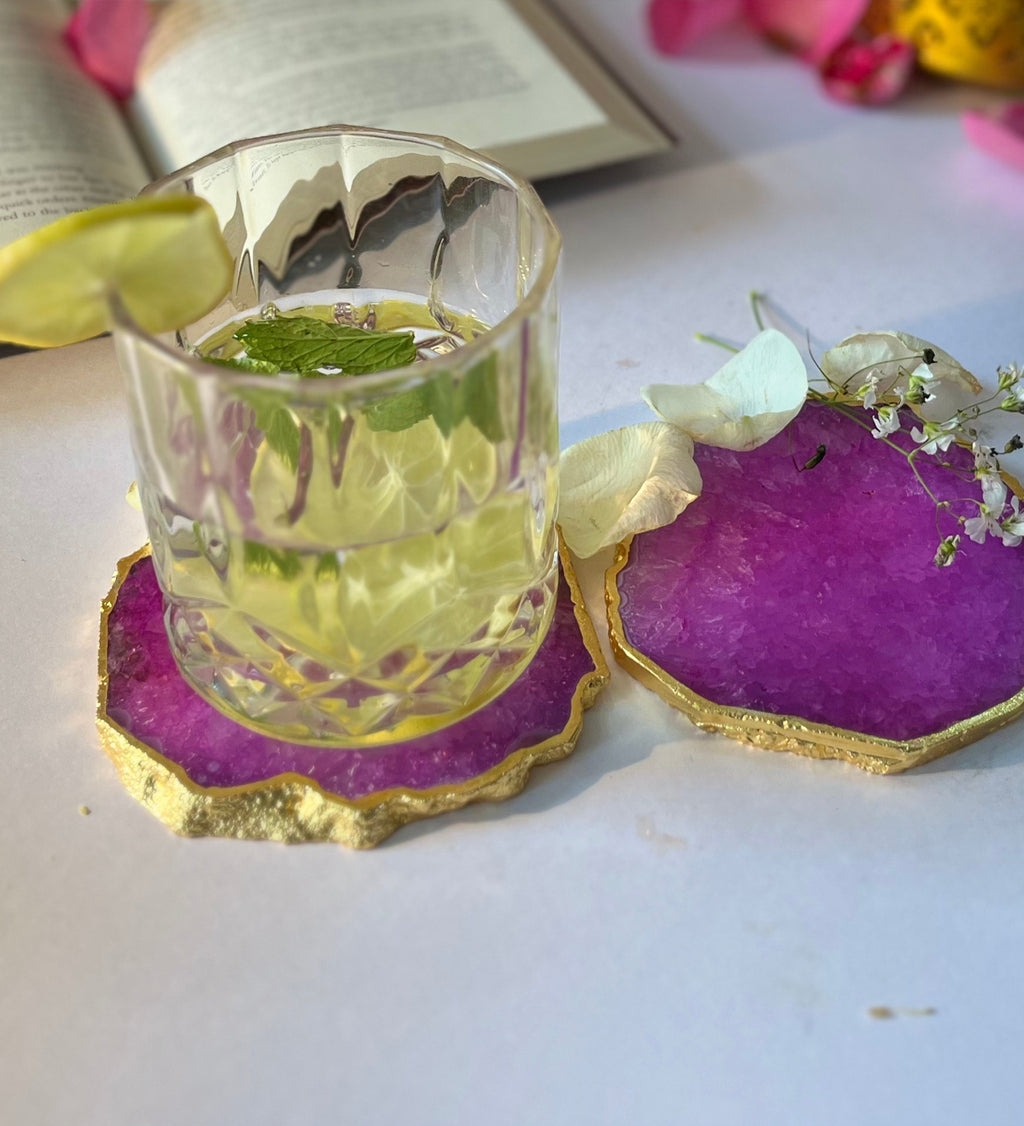Crystal Agate Coaster Gold Plated Set of 2- Pink