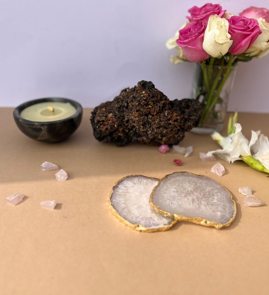 Crystal Agate Coaster Gold Plated Set of 2- White