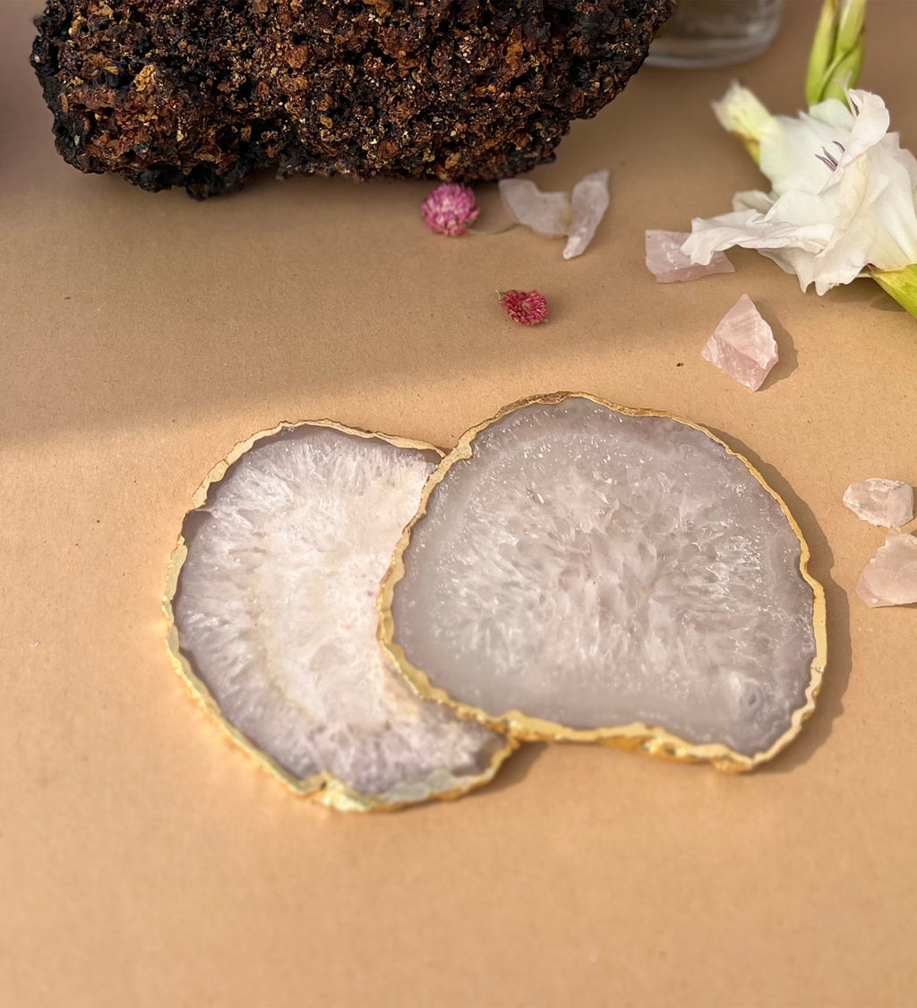 Crystal Agate Coaster Gold Plated Set of 2- White