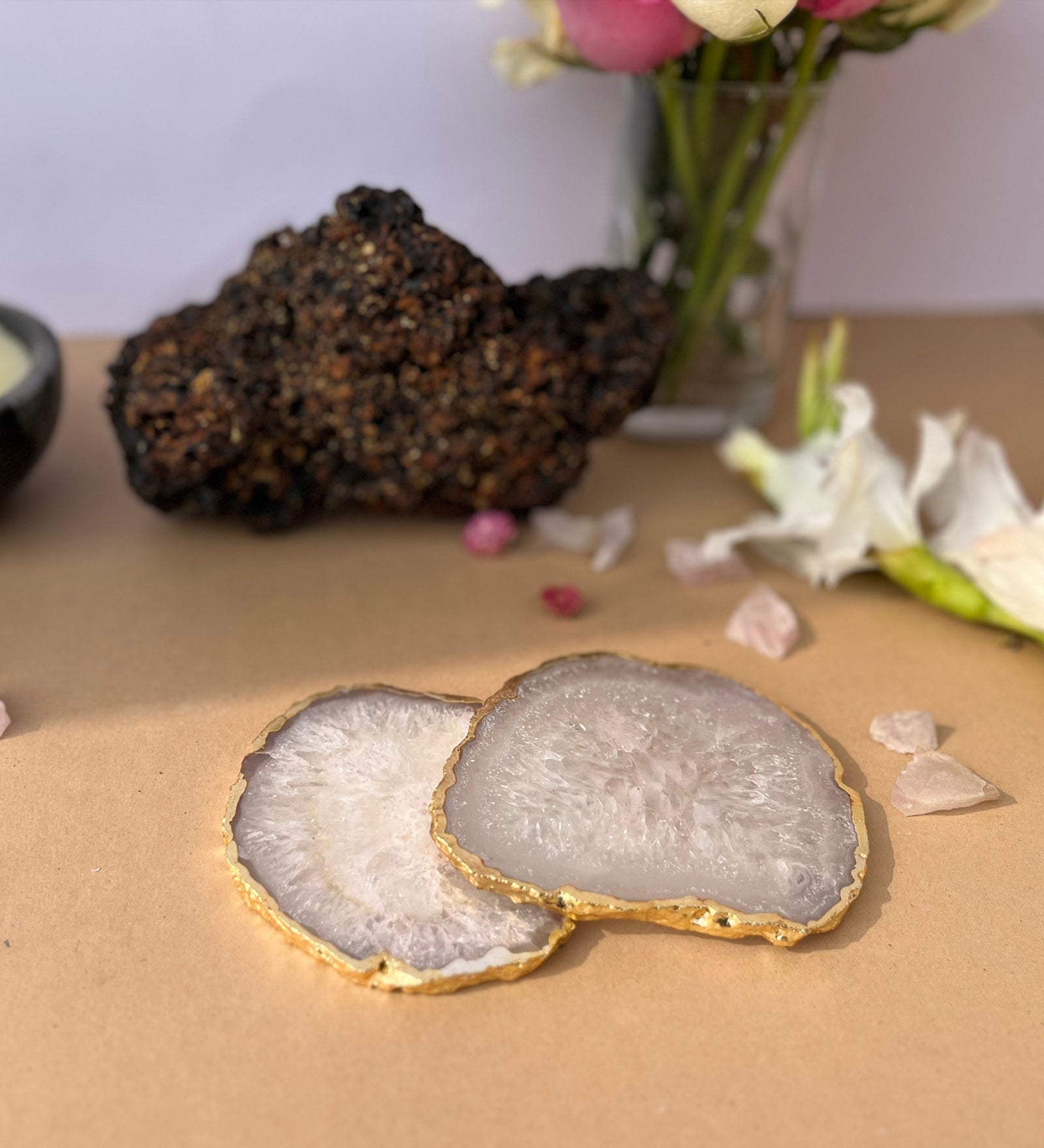 Crystal Agate Coaster Gold Plated Set of 2- White
