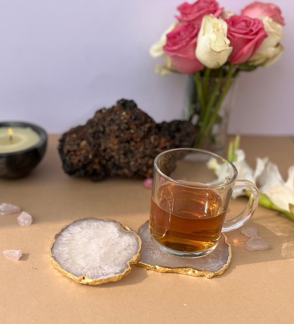 Crystal Agate Coaster Gold Plated Set of 2- White