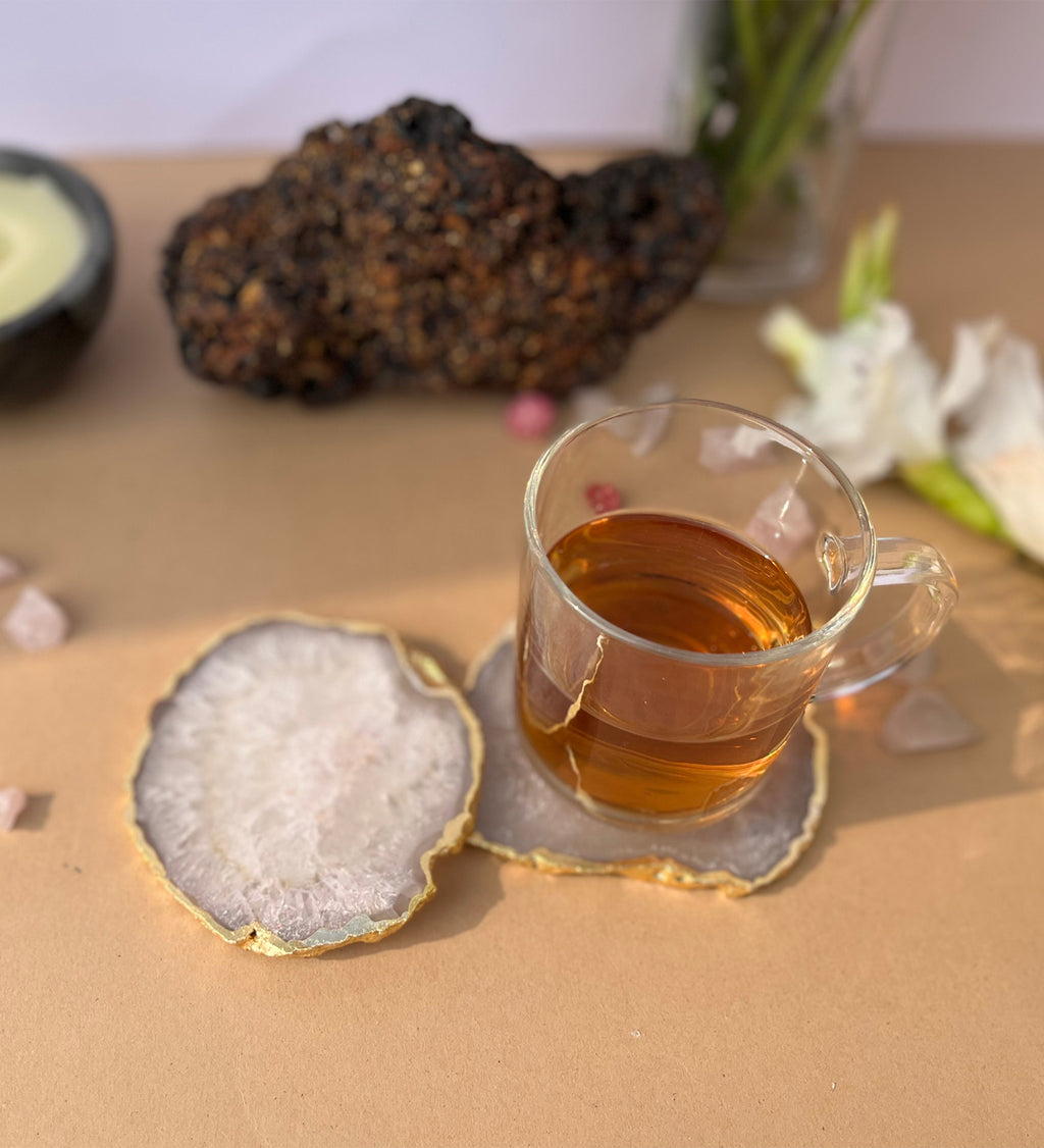 Crystal Agate Coaster Gold Plated Set of 2- White