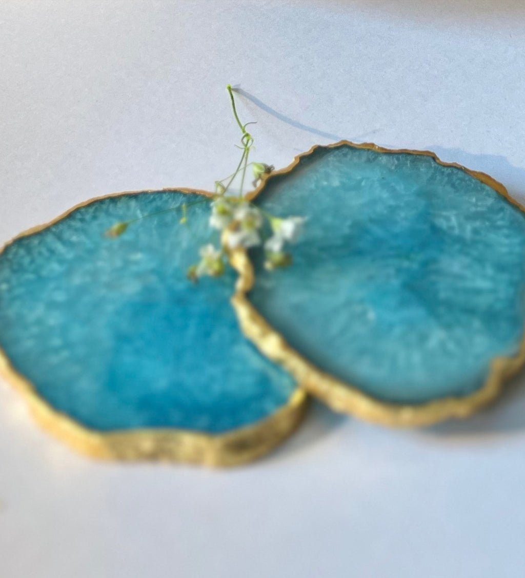 Crystal Agate Coaster Gold Plated Set of 2- Turquoise