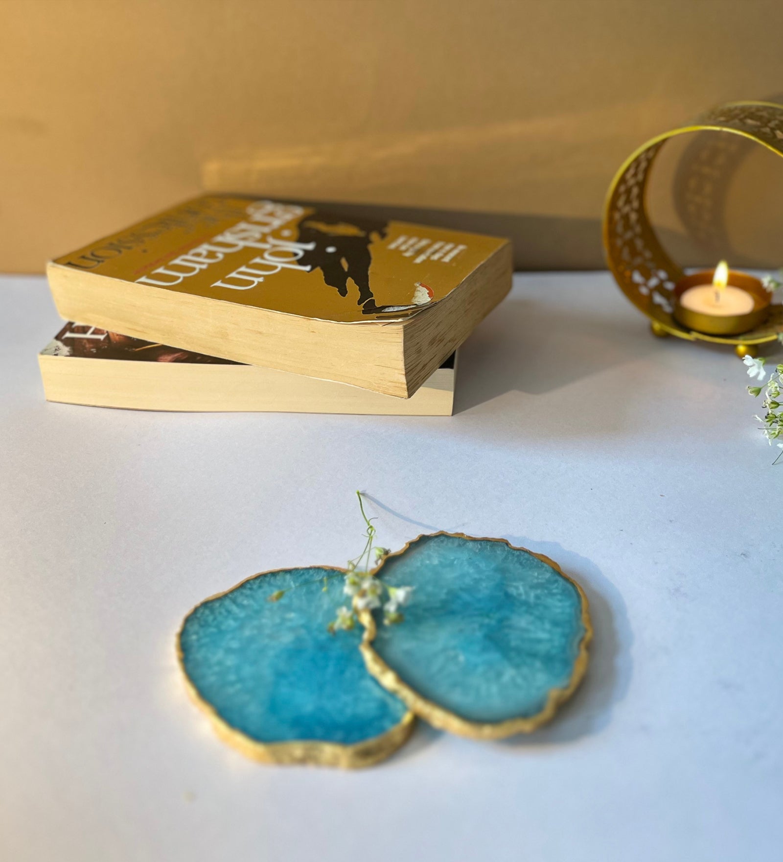 Crystal Agate Coaster Gold Plated Set of 2- Turquoise