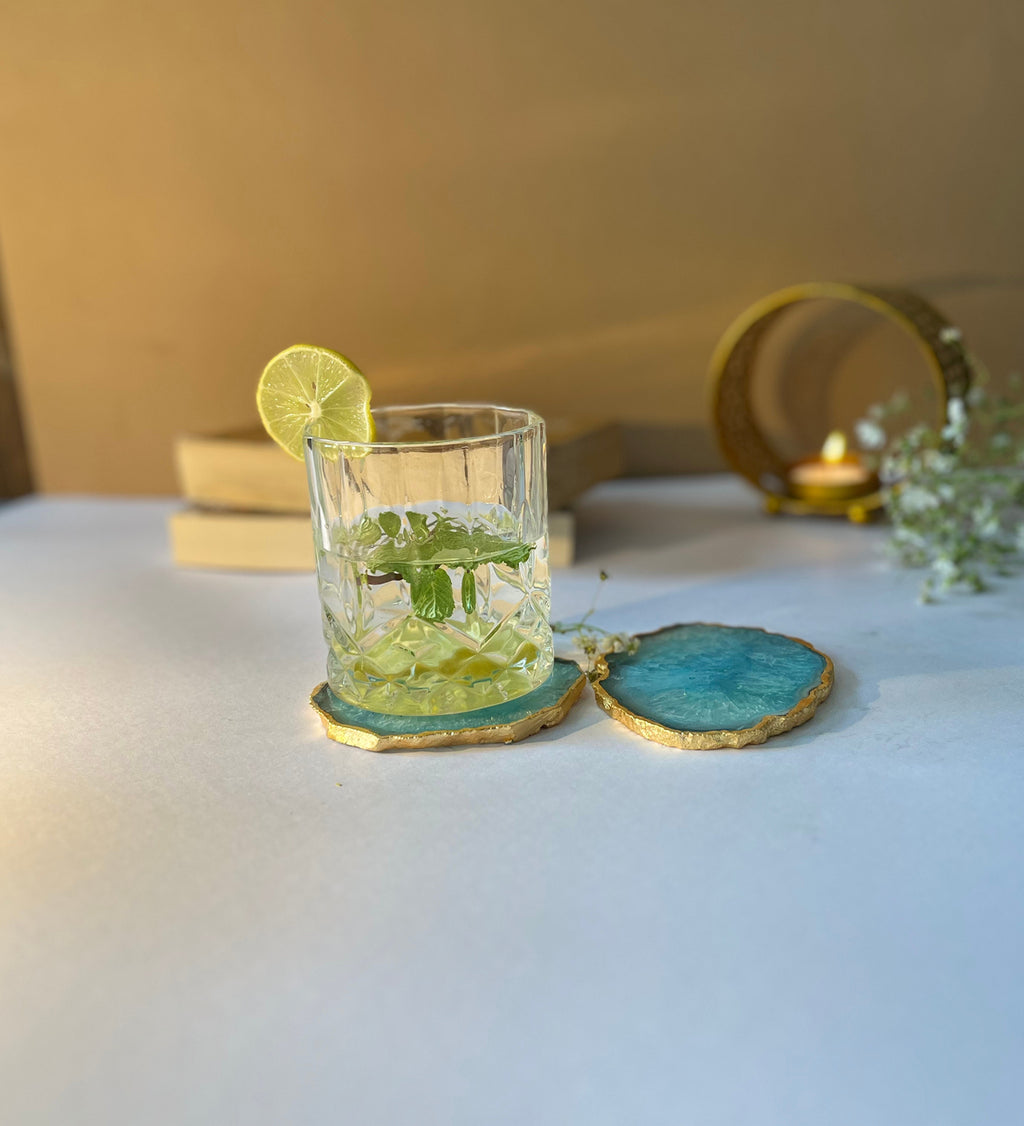 Crystal Agate Coaster Gold Plated Set of 2- Turquoise