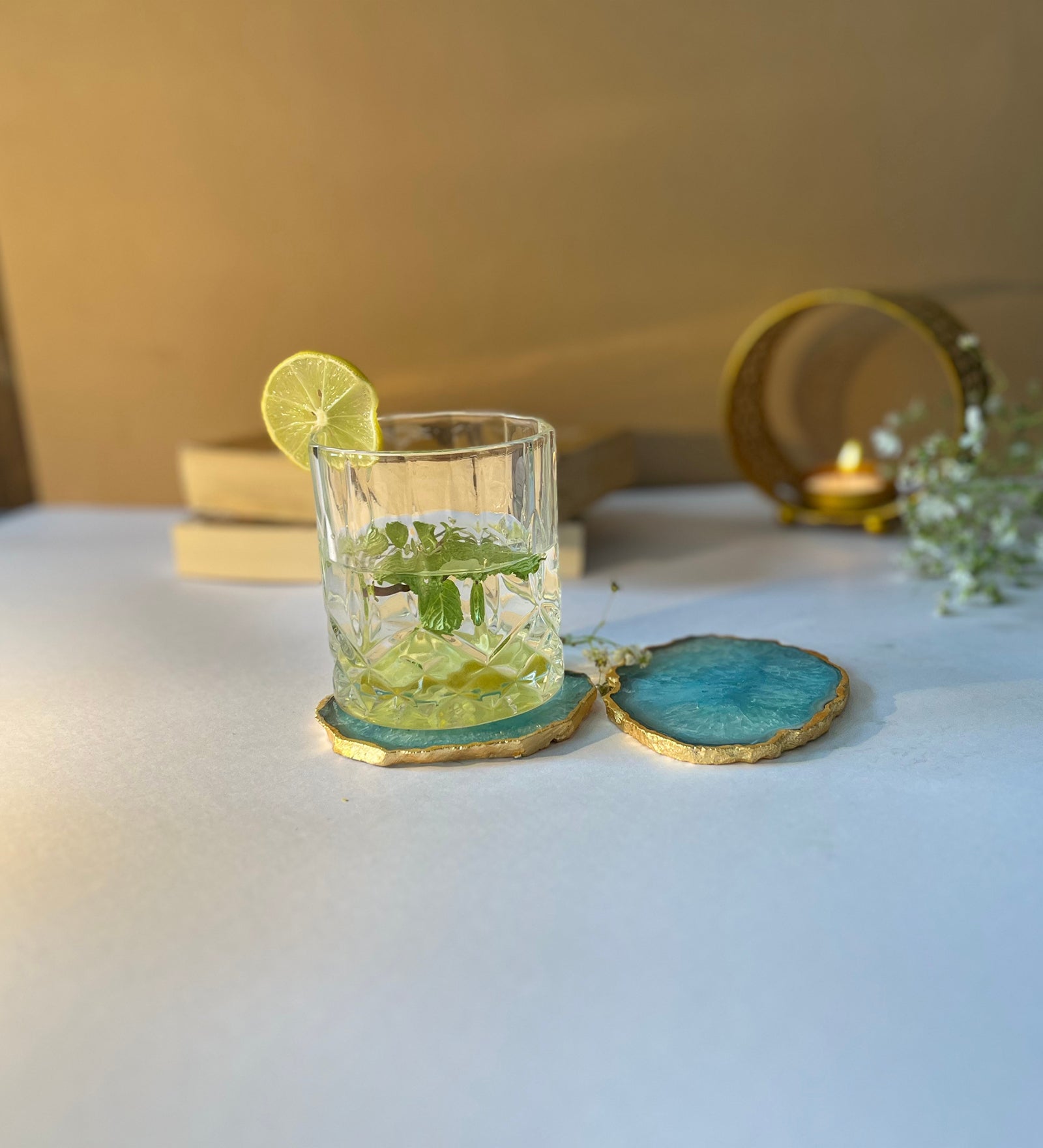 Crystal Agate Coaster Gold Plated Set of 2- Turquoise