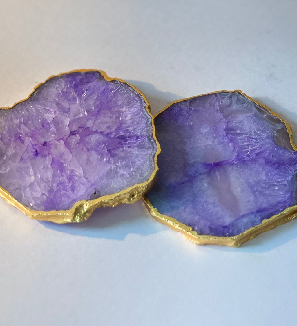 Crystal Agate Coaster Gold Plated Set of 2- Purple
