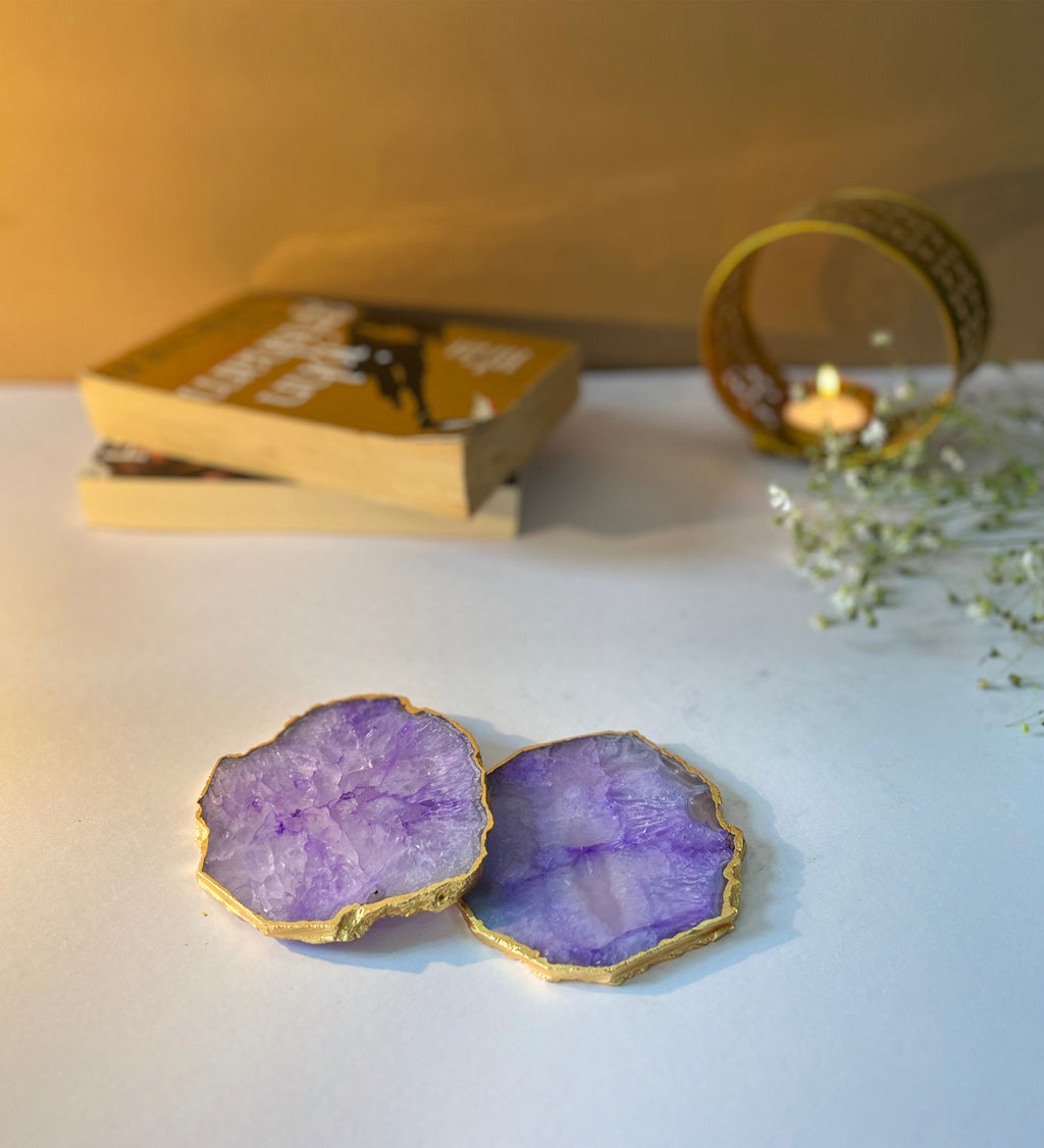Crystal Agate Coaster Gold Plated Set of 2- Purple