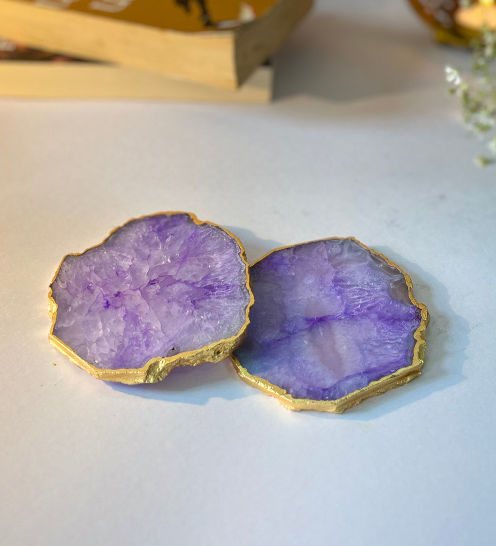 Crystal Agate Coaster Gold Plated Set of 2- Purple