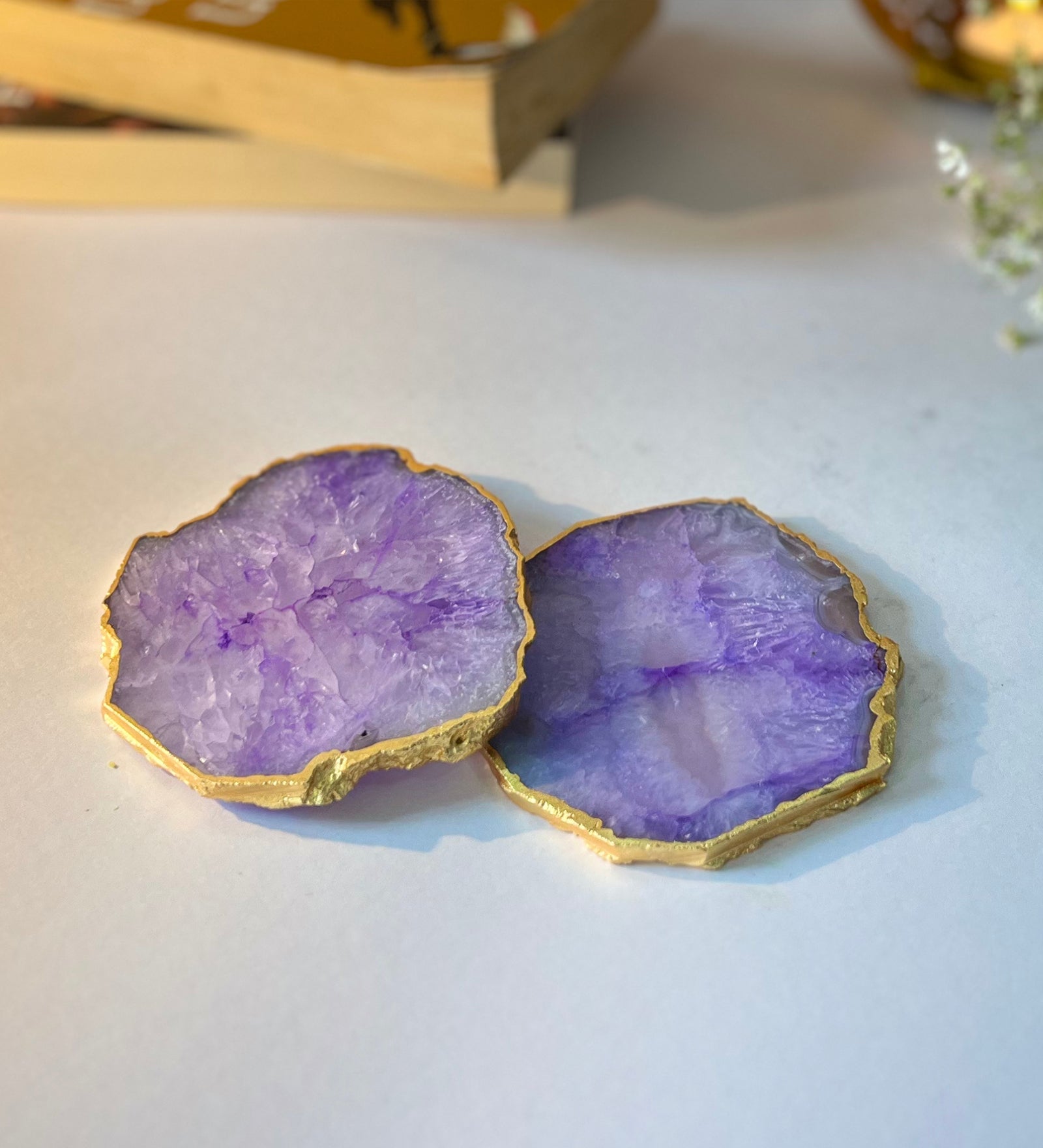 Crystal Agate Coaster Gold Plated Set of 2- Purple