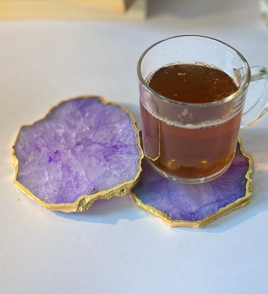 Crystal Agate Coaster Gold Plated Set of 2- Purple