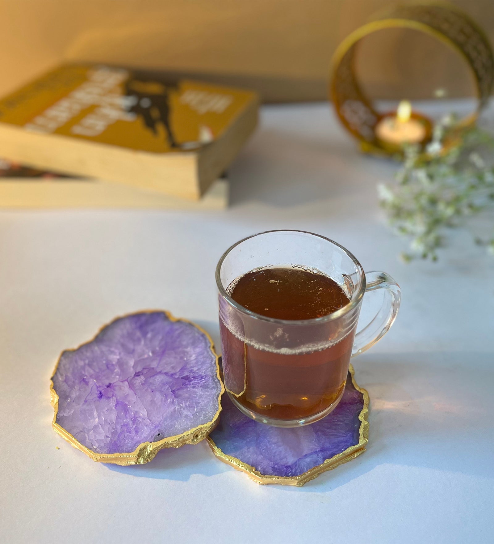 Crystal Agate Coaster Gold Plated Set of 2- Purple