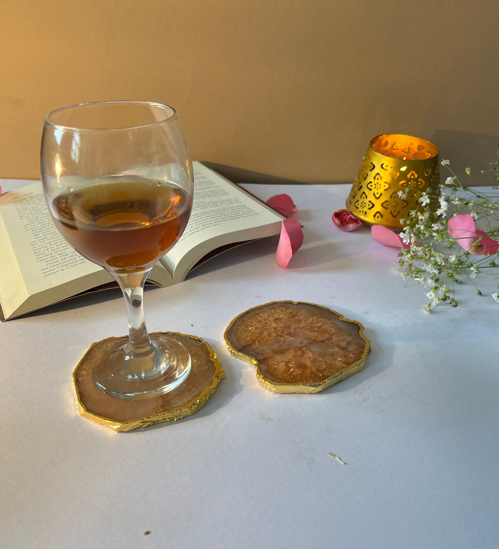 Crystal Agate Coaster Gold Plated Set of 2- Brown