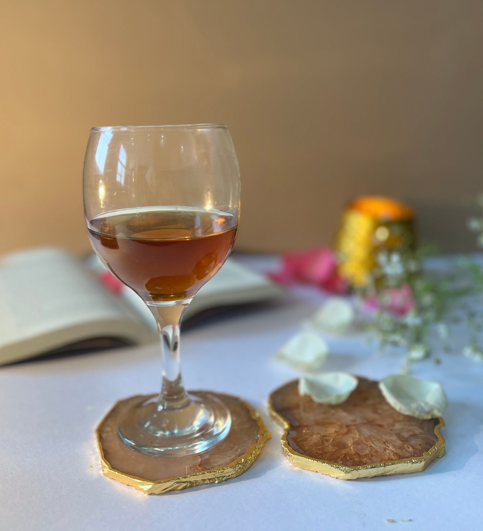 Crystal Agate Coaster Gold Plated Set of 2- Brown