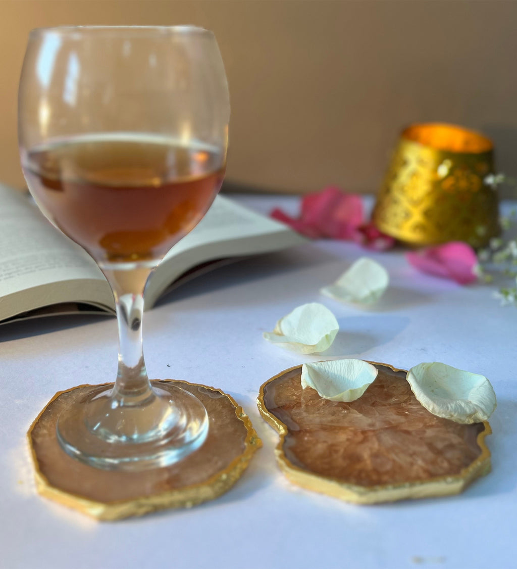 Crystal Agate Coaster Gold Plated Set of 2- Brown