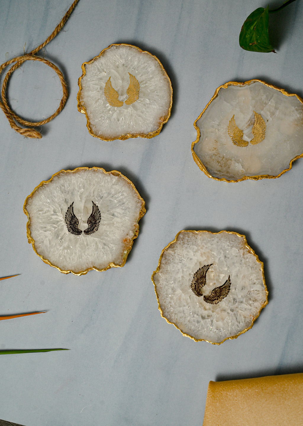 Crystal Agate Stone Angel Wings Coaster Set of 4 Table Coaster