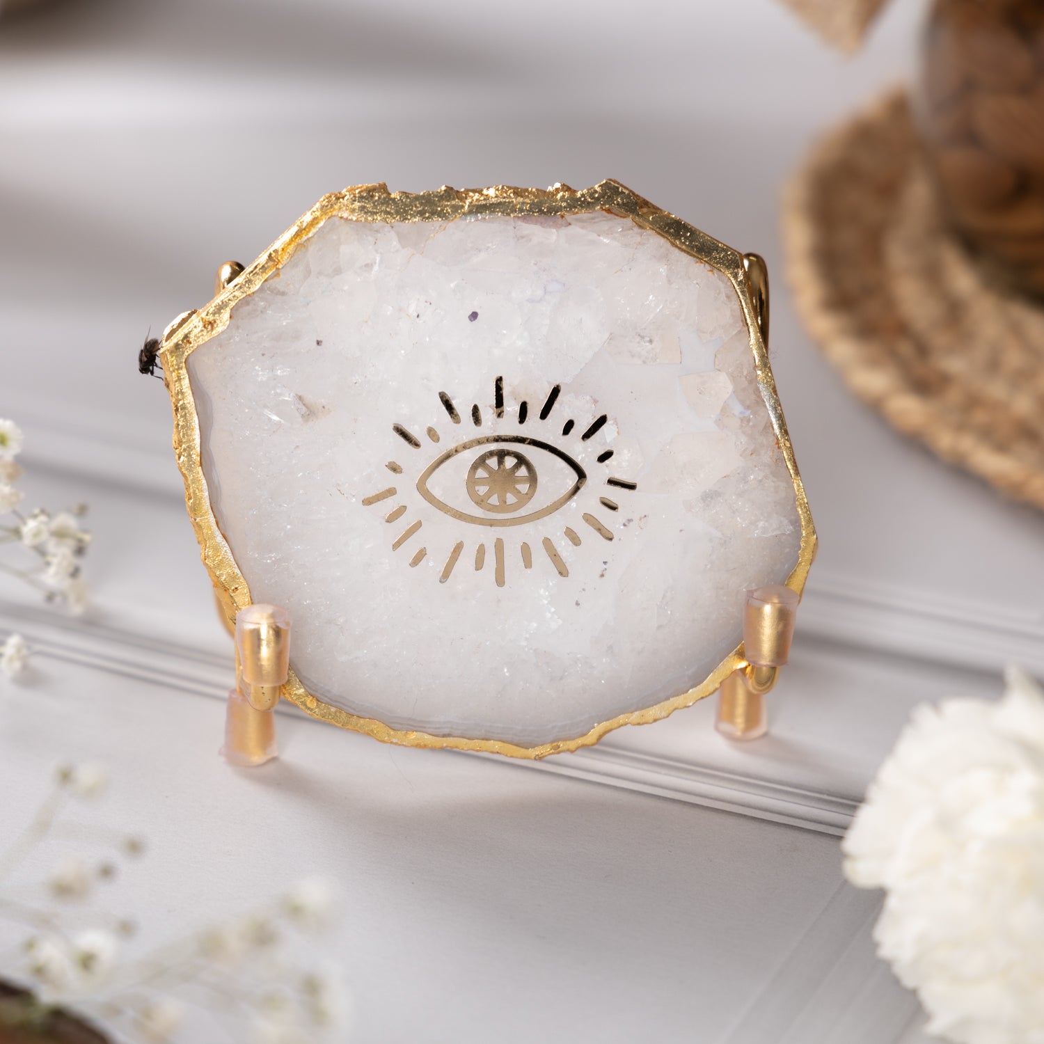 Evil Eye White Agate Metal Showpeice