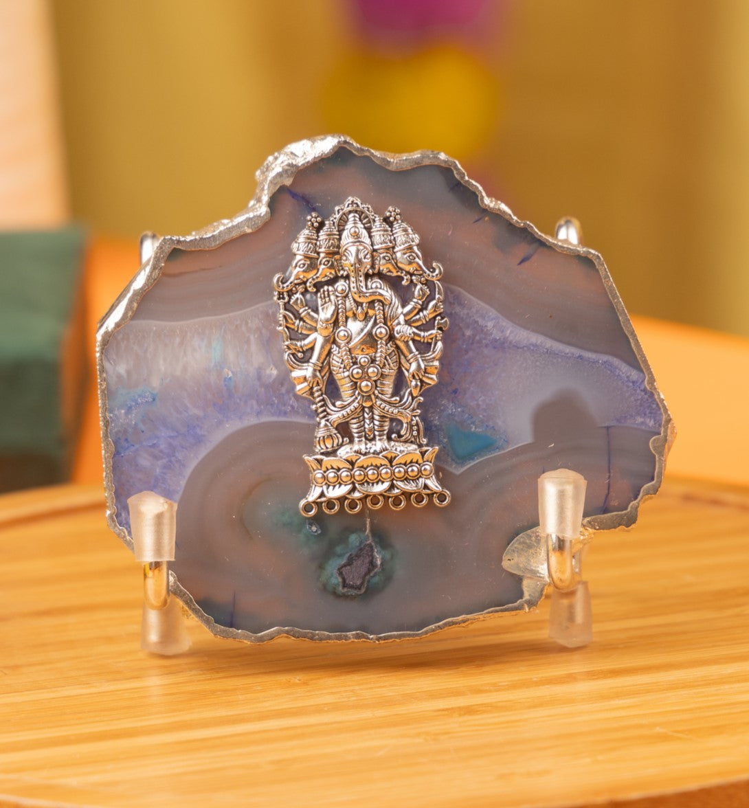Agate Ganesha Showpiece Silver Platting Egdes with Metal Stand