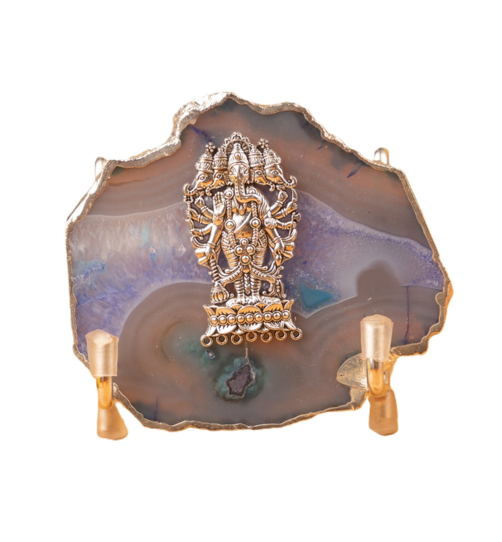 Agate Ganesha Showpiece Silver Platting Egdes with Metal Stand