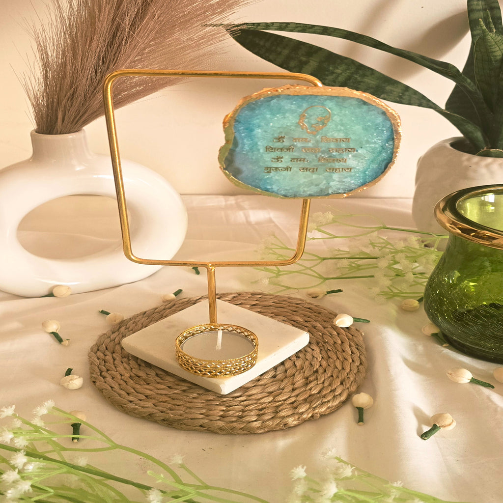 Agate Guruji Mantra Rectangular Shape Metal Showpiece- Turquoise
