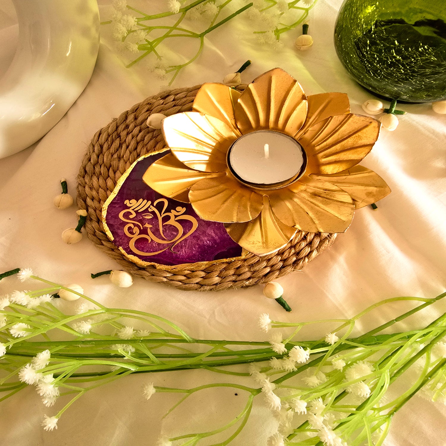 Agate Ganesha Flower Shape Tealight Holder- Purple