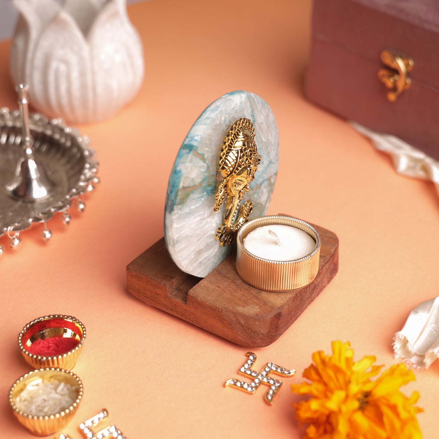 Agate Ganesha Wooden Tealight - Blue