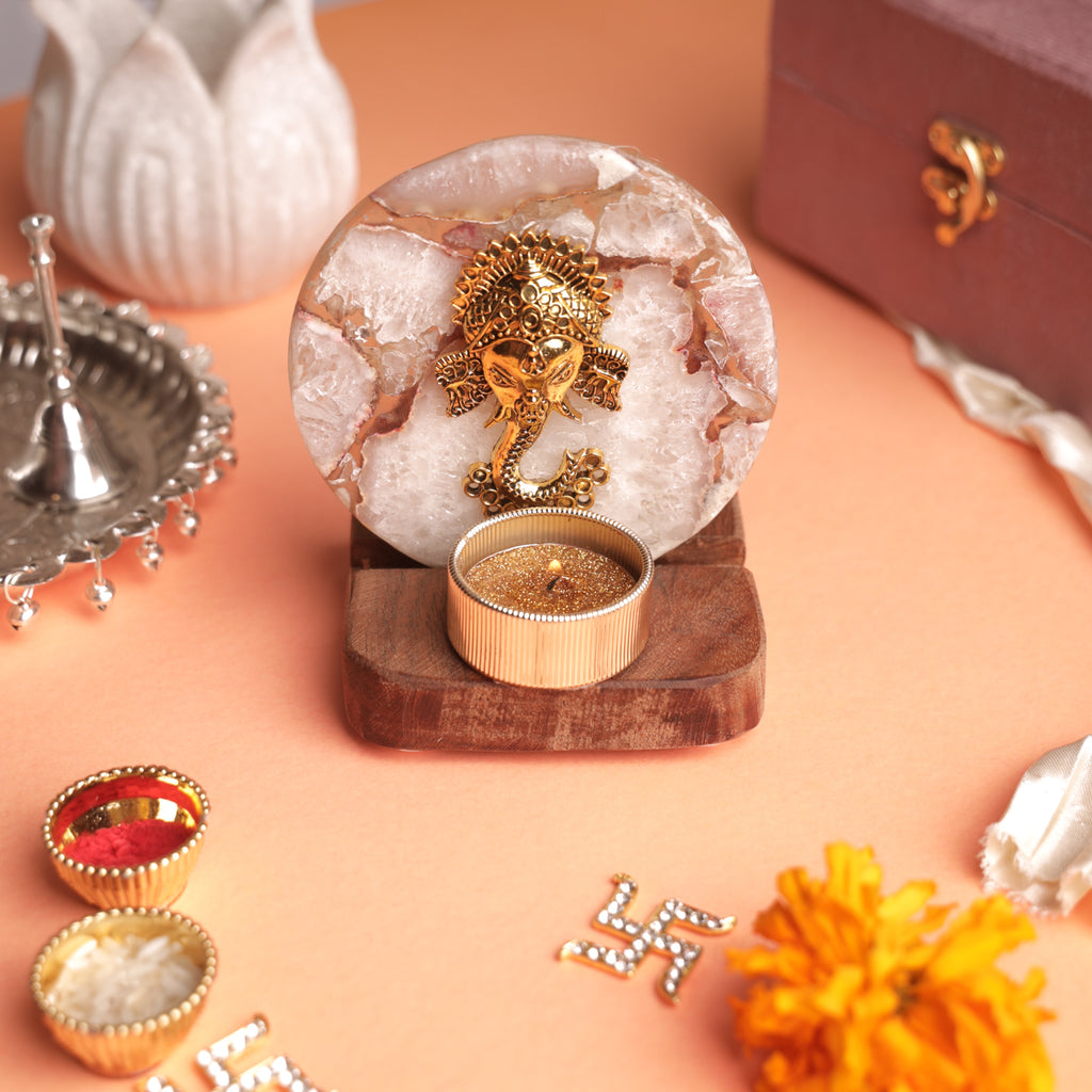 Agate Ganesha Wooden Tealight - White