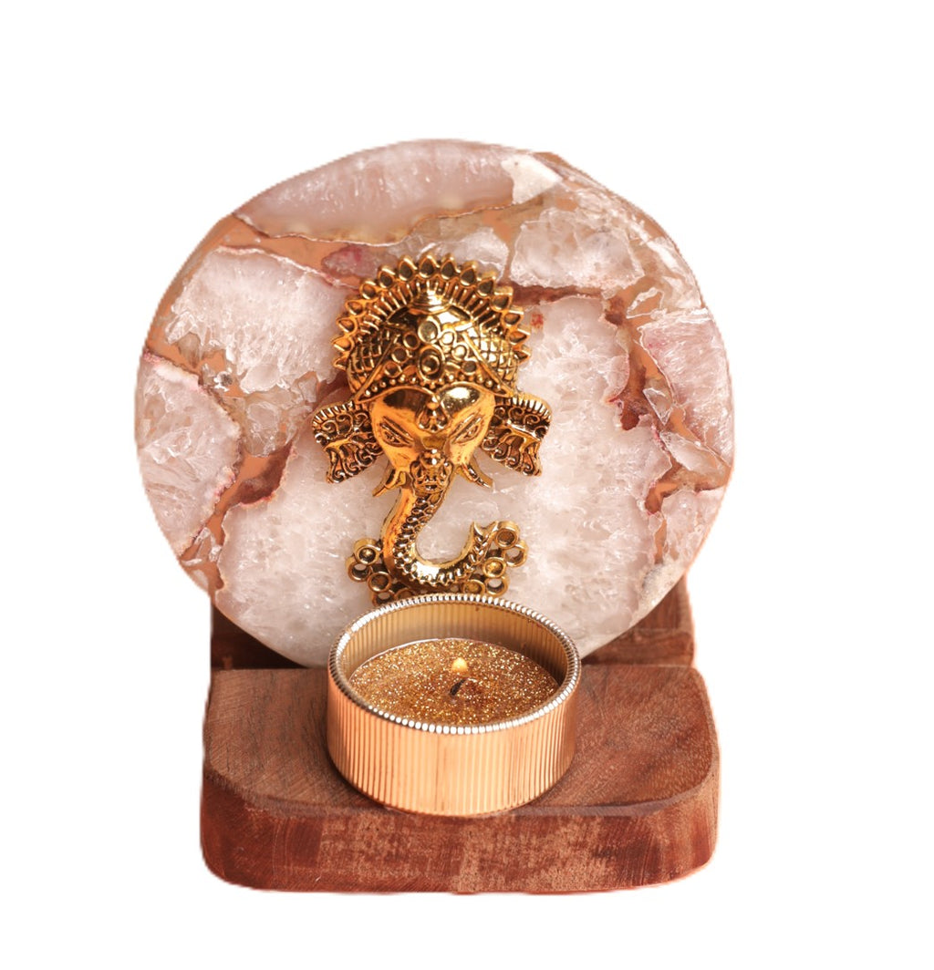 Agate Ganesha Wooden Tealight - White