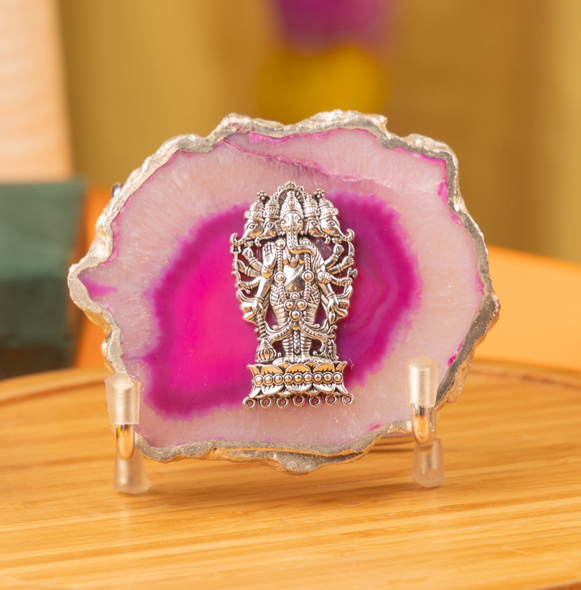 Agate Ganesha Showpiece Silver Platting Egdes with Metal Stand