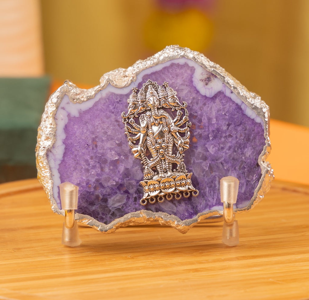 Agate Ganesha Showpiece Silver Platting Egdes with Metal Stand