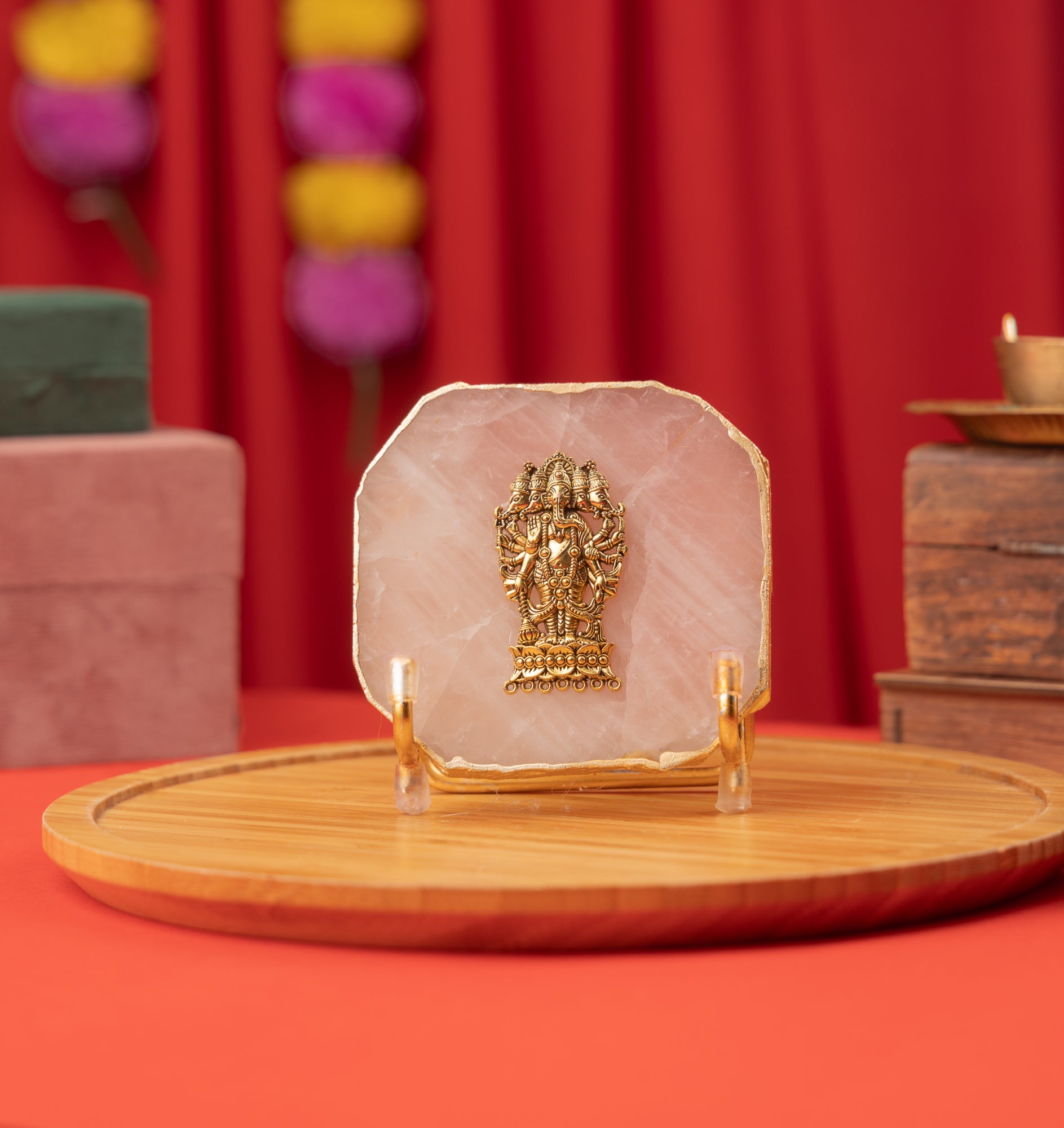 Agate Rose Quartz Ganesha Showpiece Gold Platting Egdes with Metal Stand - Rose Quartz