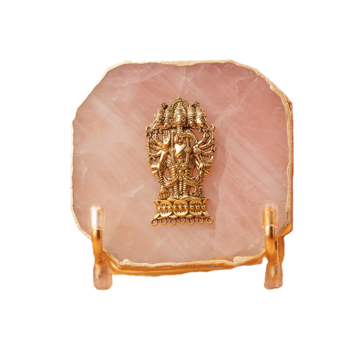 Agate Rose Quartz Ganesha Showpiece Gold Platting Egdes with Metal Stand - Rose Quartz