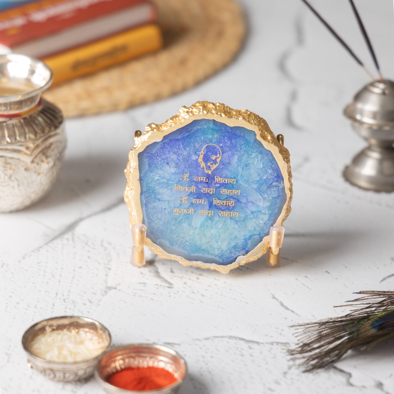 Guru Ji Mantra Blue Agate Metal Showpiece