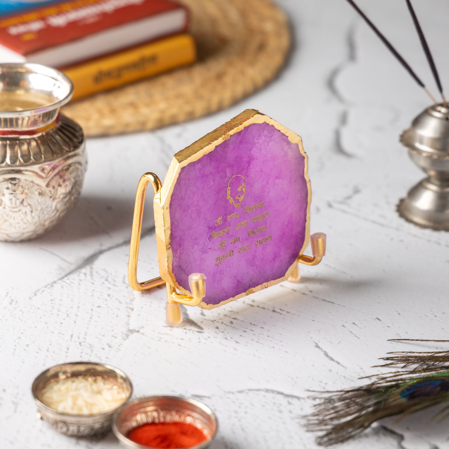 Guru Ji Mantra Pink Agate Metal Showpiece