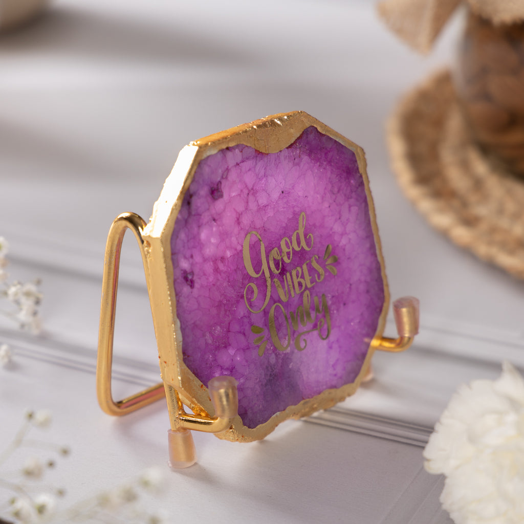 Good Vibes Pink Agate Metal Showpeice