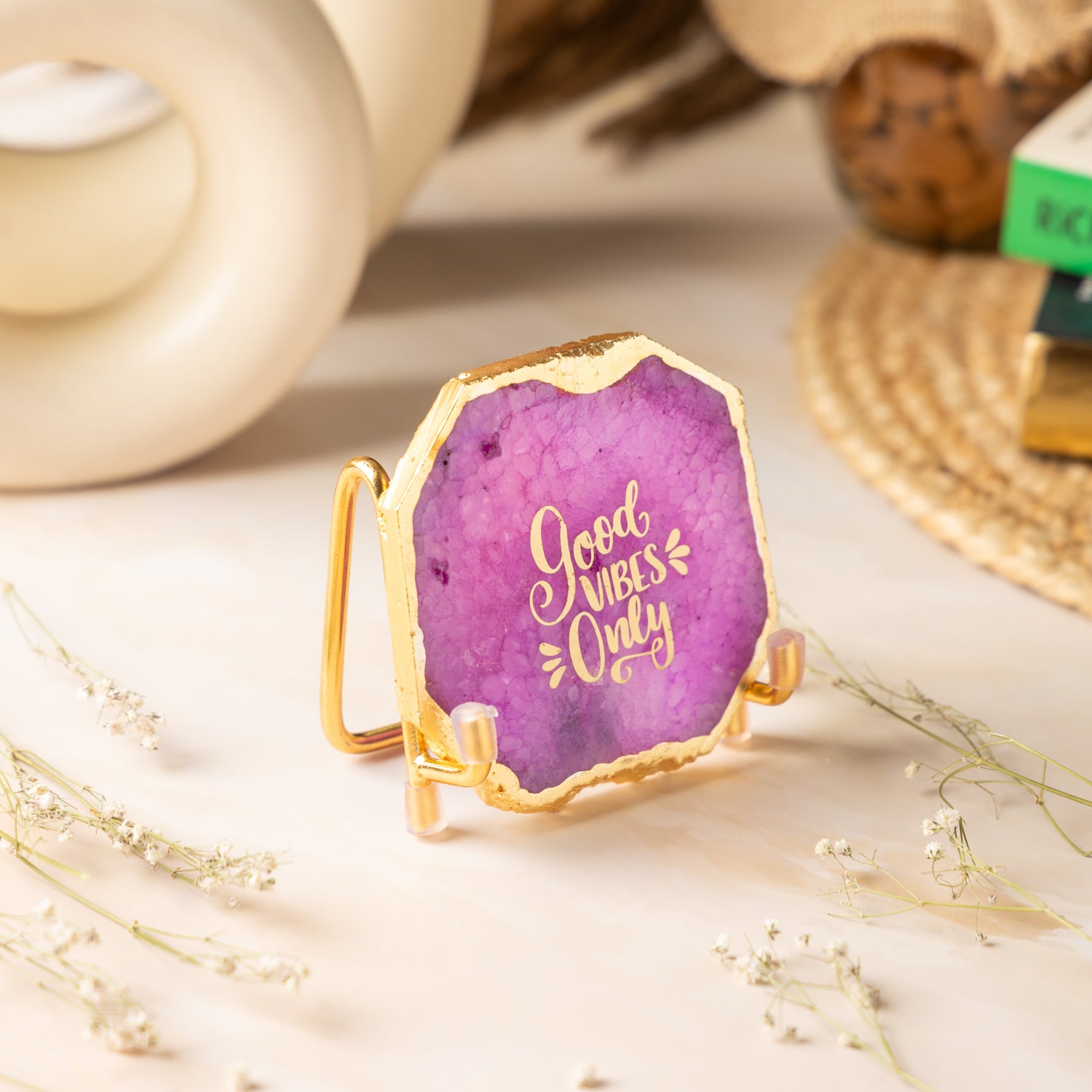 Good Vibes Pink Agate Metal Showpeice
