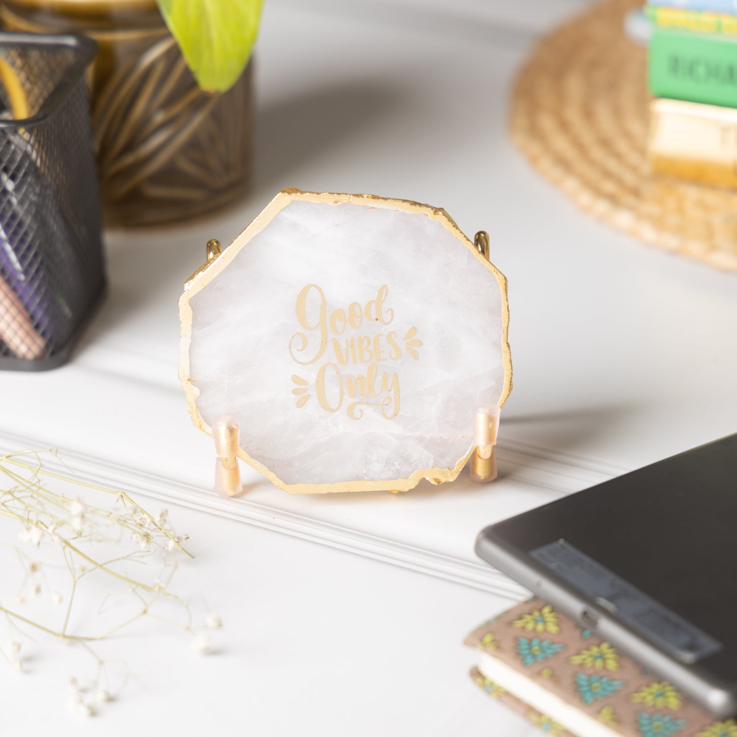 Good Vibes White Agate Metal Showpiece