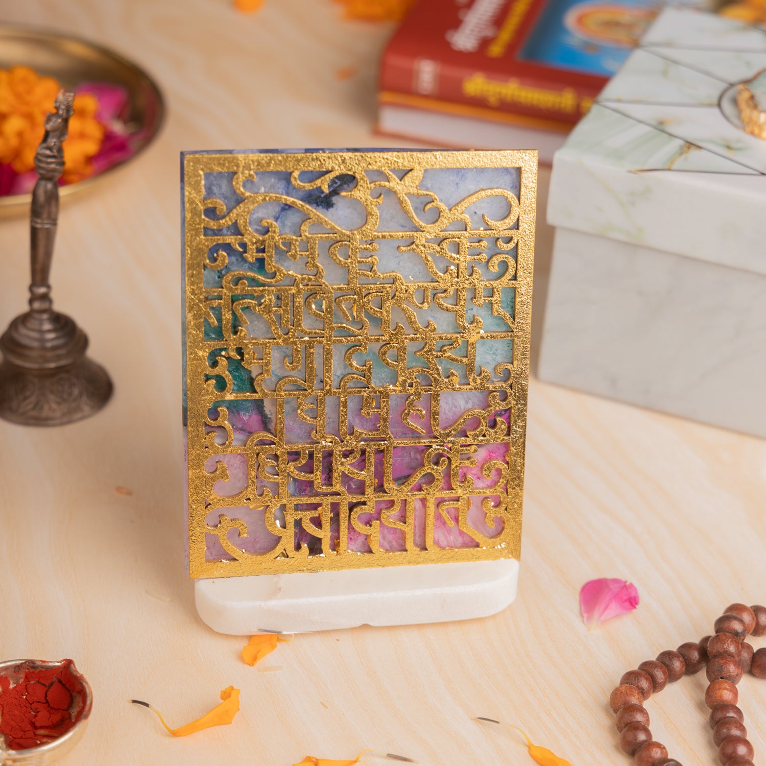 Gayatri Mantra Agate Tealight with Marble Base