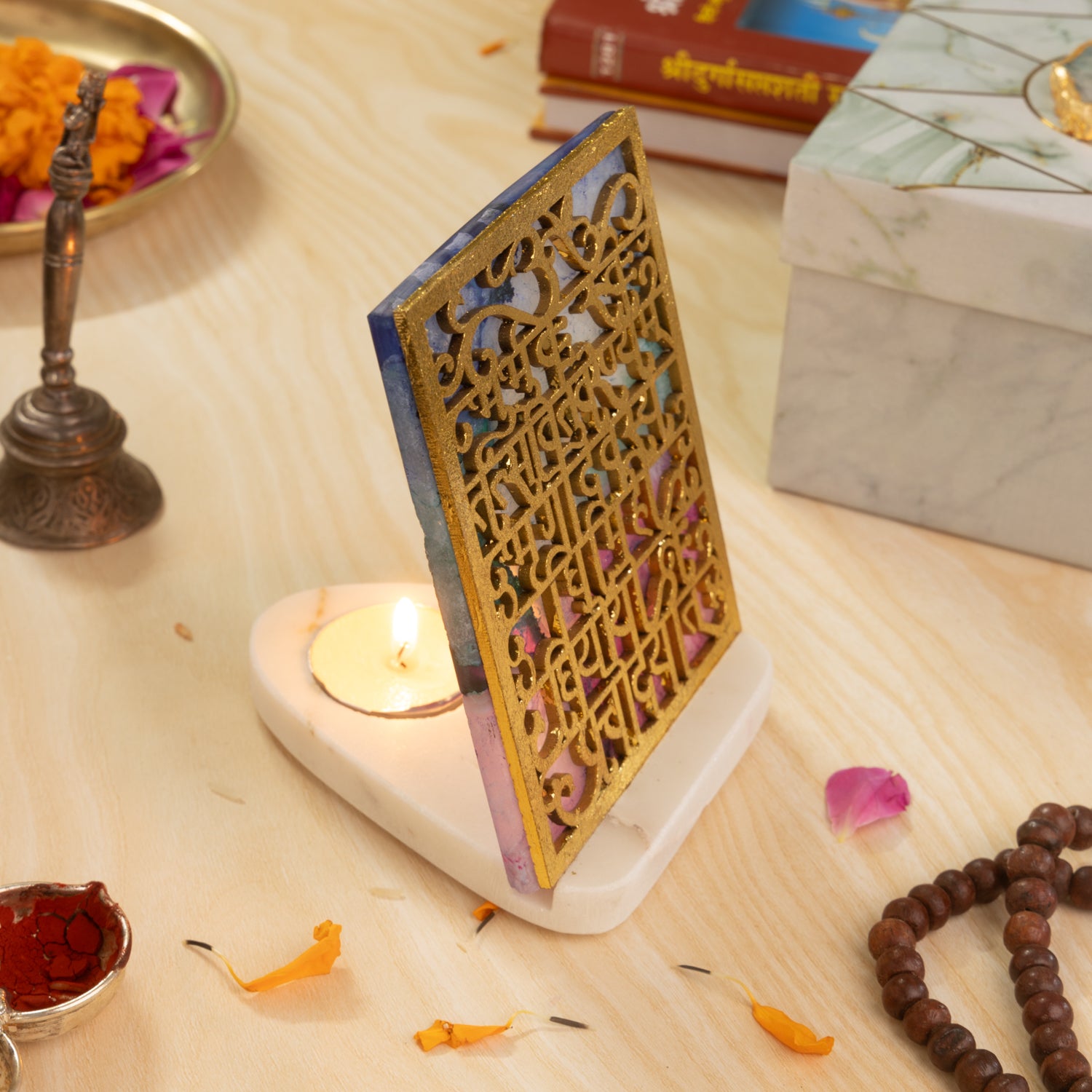 Gayatri Mantra Agate Tealight with Marble Base