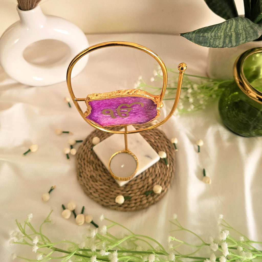 Agate Ik Onkar Oval Shape Metal Showpiece- Pink