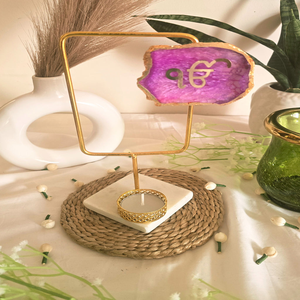 Agate Ik Onkar Rectangular Shape Metal Showpiece- Pink