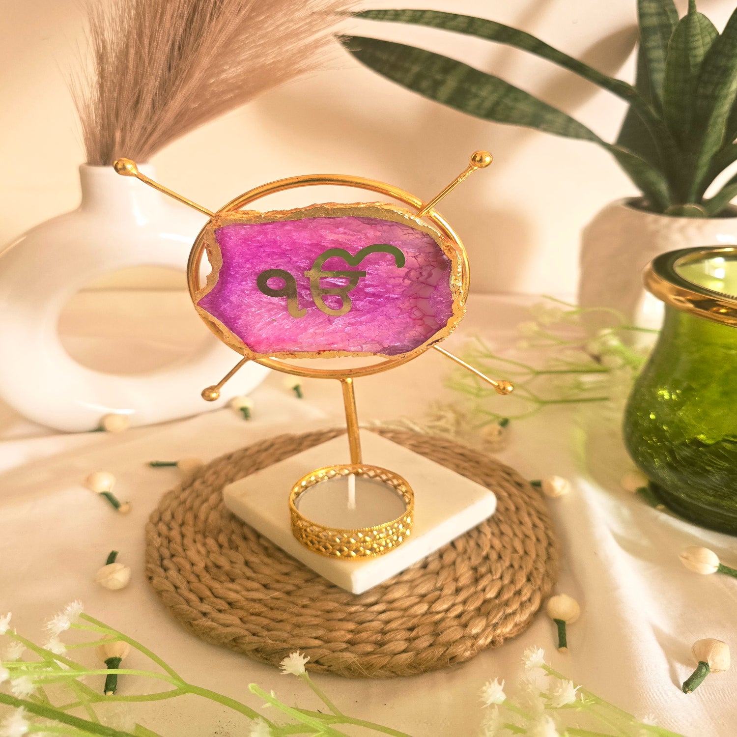 Agate Ik Onkar Round Shape Metal Showpiece- Pink