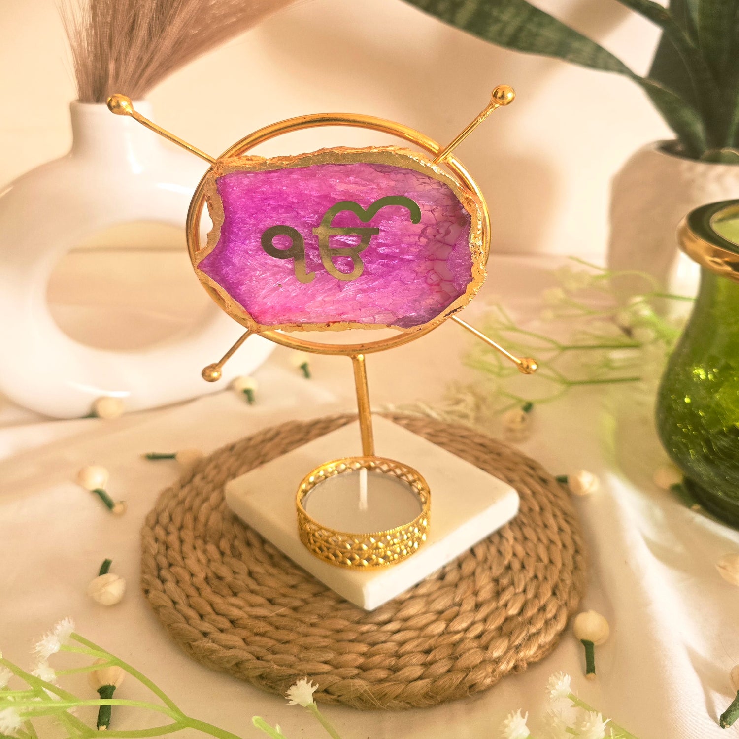 Agate Ik Onkar Round Shape Metal Showpiece- Pink