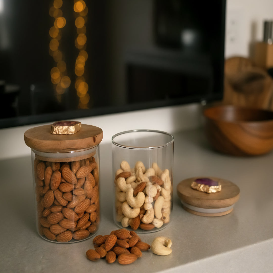 Agate Pink Stone Lid Glass Storage Jar with Wooden Top set of 2