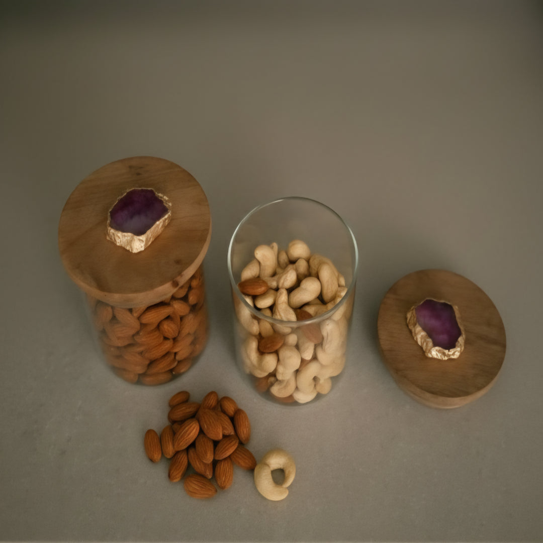 Agate Pink Stone Lid Glass Storage Jar with Wooden Top set of 2