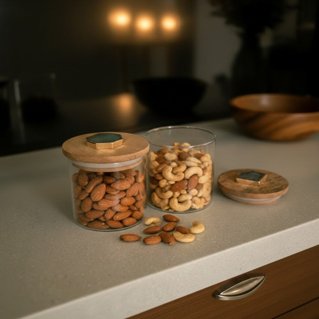 Agate Turquoise Stone Lid Glass Storage Jar with Wooden Top set of 2