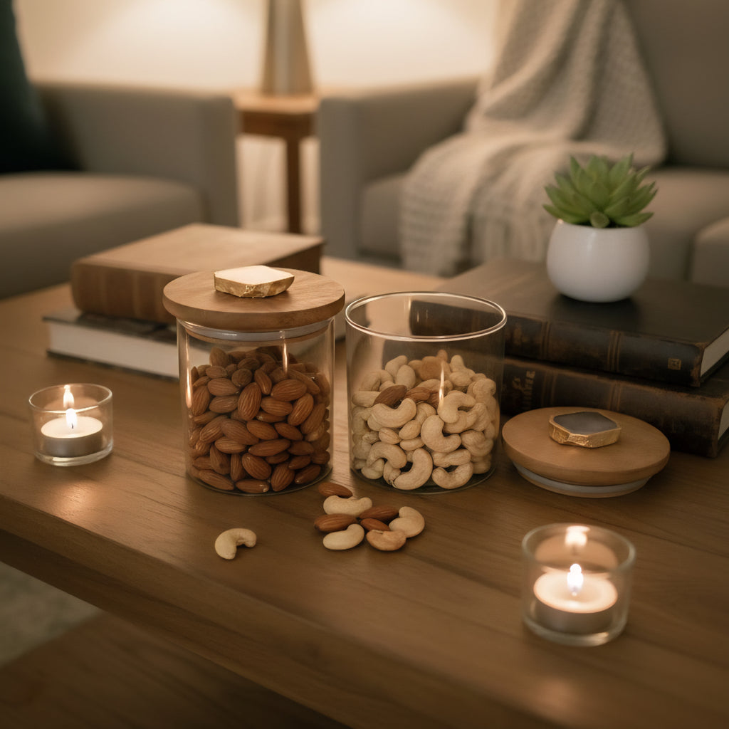 Agate White Stone Lid Glass Storage Jar with Wooden Top set of 2